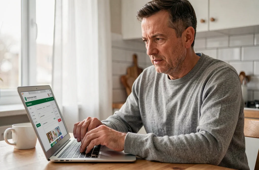 Homme utilisant un ordinateur portable pour suivre son transfert de dossier CAF en ligne