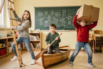 Trois enfants jouant au jeu de mime dans une salle de classe, imitant des actions du quotidien avec des expressions expressives