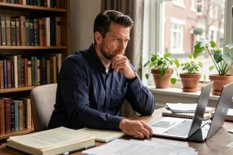 Journaliste pensif assis à son bureau en bois, entouré de notes et de livres, illustrant la réflexion éthique sur la vie privée et les origines familiales dans le journalisme