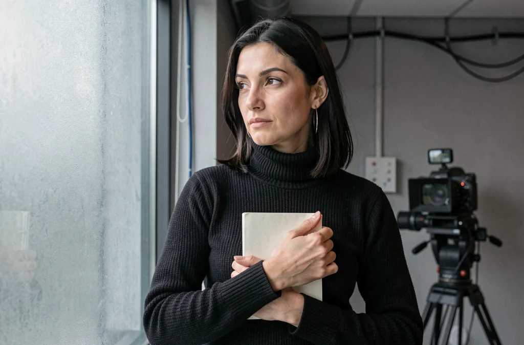 Femme journaliste tenant un carnet dans un studio médiatique, regard introspectif sur la confidentialité
