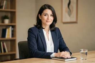 Journaliste femme assise à un bureau, expression réservée et posée, illustrant la protection de la vie privée