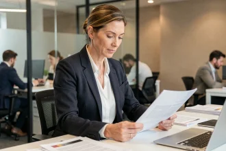 Journaliste professionnelle concentrée dans une salle de rédaction moderne, illustrant la vie publique et privée des personnalités médiatiques