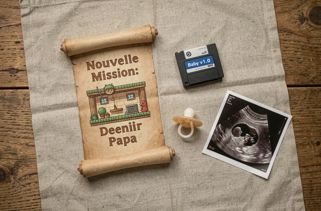 Kit d'annonce de grossesse thème jeu vidéo avec carte quête, cartouche bébé et échographie pour papa gamer