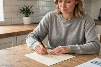 Mère écrivant une lettre d'absence manuscrite pour l'école de son enfant à une table en bois