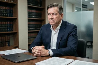 Homme en costume sombre assis face à des documents juridiques dans un bureau formel, illustrant une affaire judiciaire médiatique
