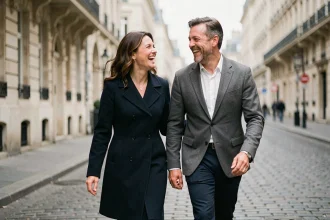 Couple élégant se promenant dans une rue parisienne, illustrant la complicité et la discrétion de la vie privée de Juliette Plumecocq-Mech et son mari