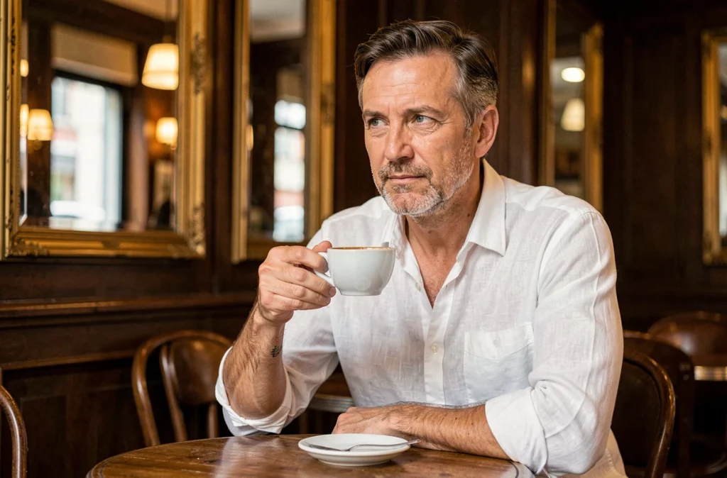 Portrait d'un homme discret et élégant attablé dans un café parisien, évoquant le mystère entourant le mari de Juliette Plumecocq-Mech