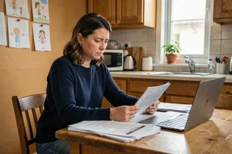 Mère célibataire examinant des documents d'aide sociale à la table de cuisine de son appartement