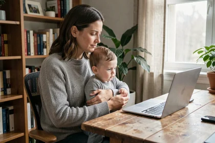 Mère en télétravail avec son jeune enfant sur les genoux devant un ordinateur portable à son bureau à domicile