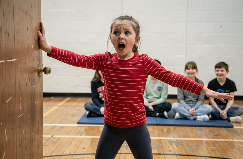 Une fillette en pleine performance de mime devant ses camarades dans un gymnase scolaire, expression théâtrale et bras tendus