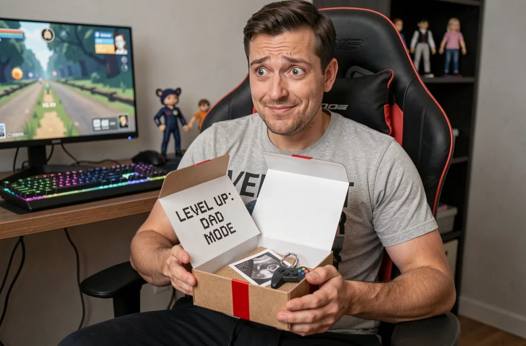 Papa joueur découvrant une annonce de grossesse cachée dans une boîte cadeau avec carte pixel art et échographie
