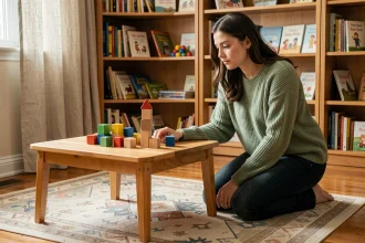 Mère observant des jouets adaptés à l'âge de 4 ans disposés sur une table de jeu en bois dans un salon chaleureux