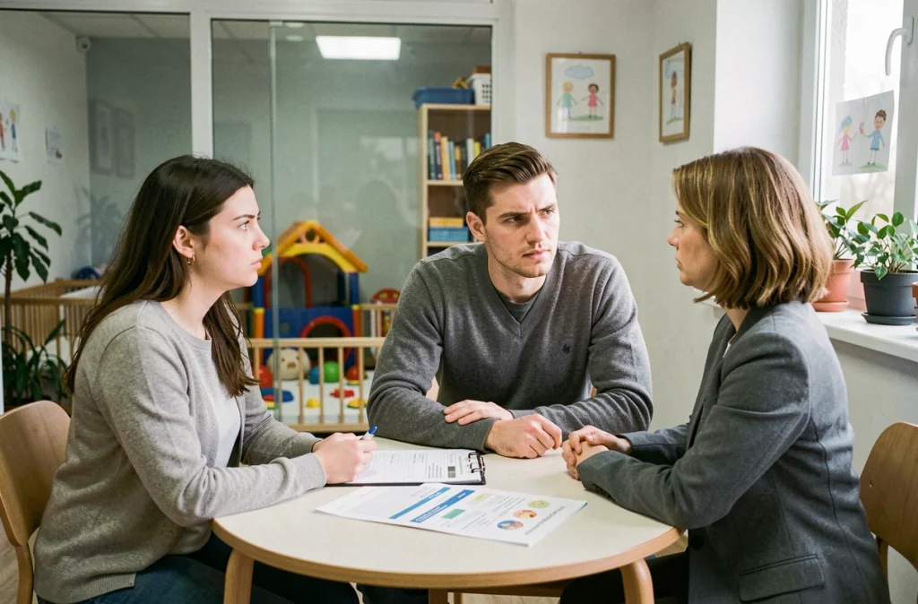 Réunion entre parents et directrice de crèche pour discuter du programme de diversification alimentaire de leur enfant