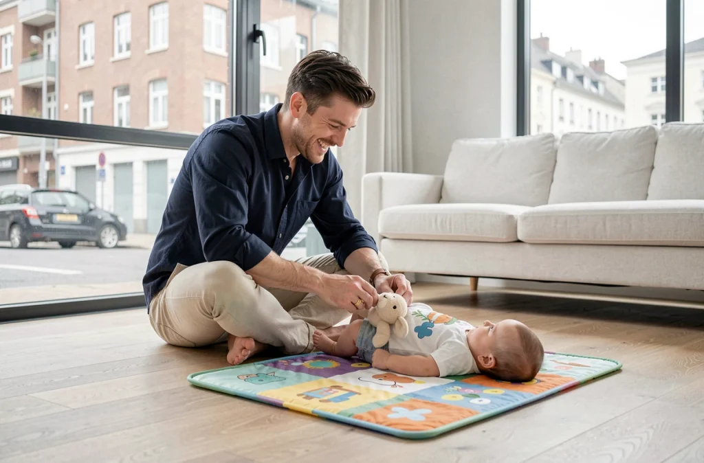 Père jouant avec son bébé sur un tapis d'éveil dans un appartement moderne, symbole du congé paternité actif