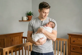 Jeune père tenant son nouveau-né dans ses bras dans une chambre de bébé cosy, illustrant le congé paternité