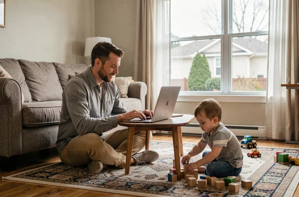 Père en télétravail sur le sol du salon pendant que son enfant joue à côté avec des jouets en bois
