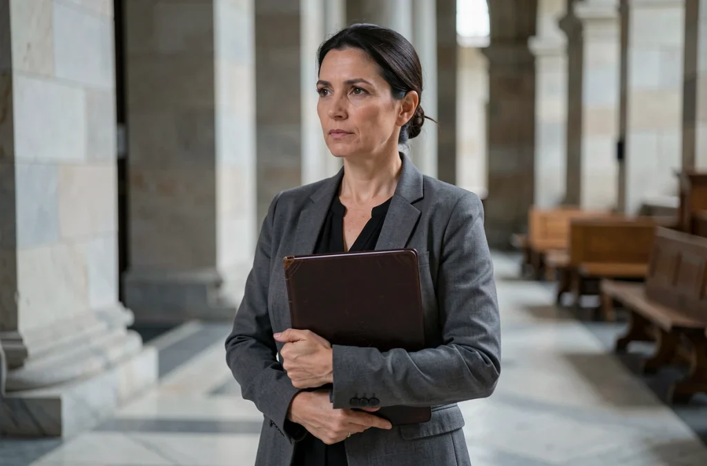 Femme en blazer gris tenant un dossier dans le couloir d'un palais de justice, symbolisant les révélations d'une affaire conjugale