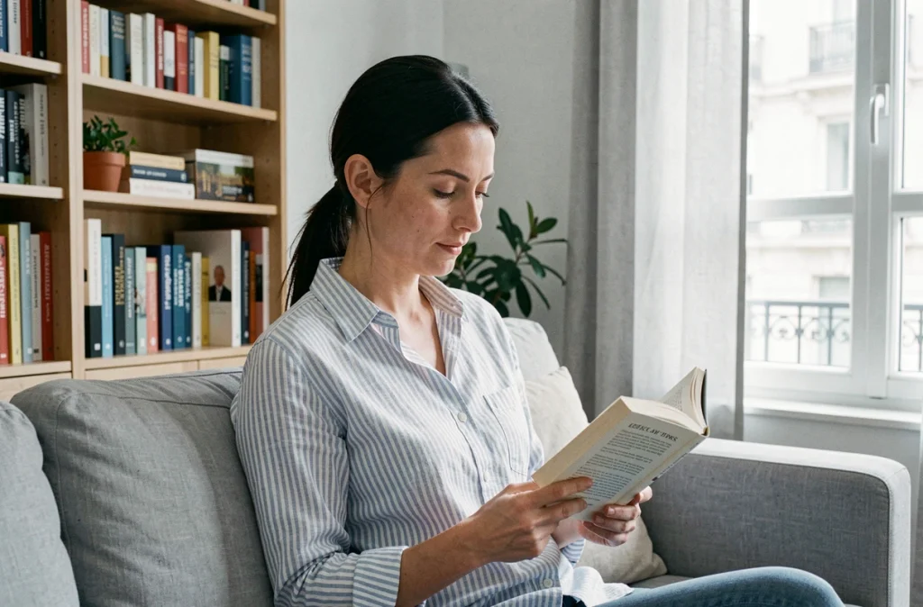 Femme lisant un livre dans un salon parisien contemporain, symbolisant l'intérêt du public pour la sphère intime et familiale des célébrités françaises