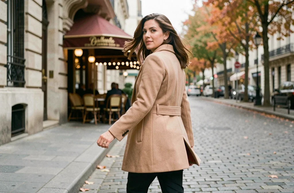 Femme élégante marchant dans une rue parisienne sous le regard discret du public, symbolisant la frontière entre vie privée et notoriété médiatique