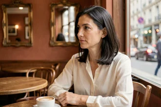 Femme brune pensive attablée dans un café parisien, illustrant la curiosité du public pour la vie privée de personnalités féminines