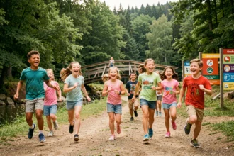 Enfants joyeux courant dans un parc d'activités en plein air dans le Grand Est, entourés de forêts alsaciennes