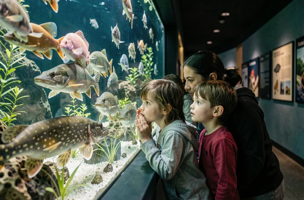 Des enfants et un parent observent des poissons de rivière à l'Aquarium de Touraine