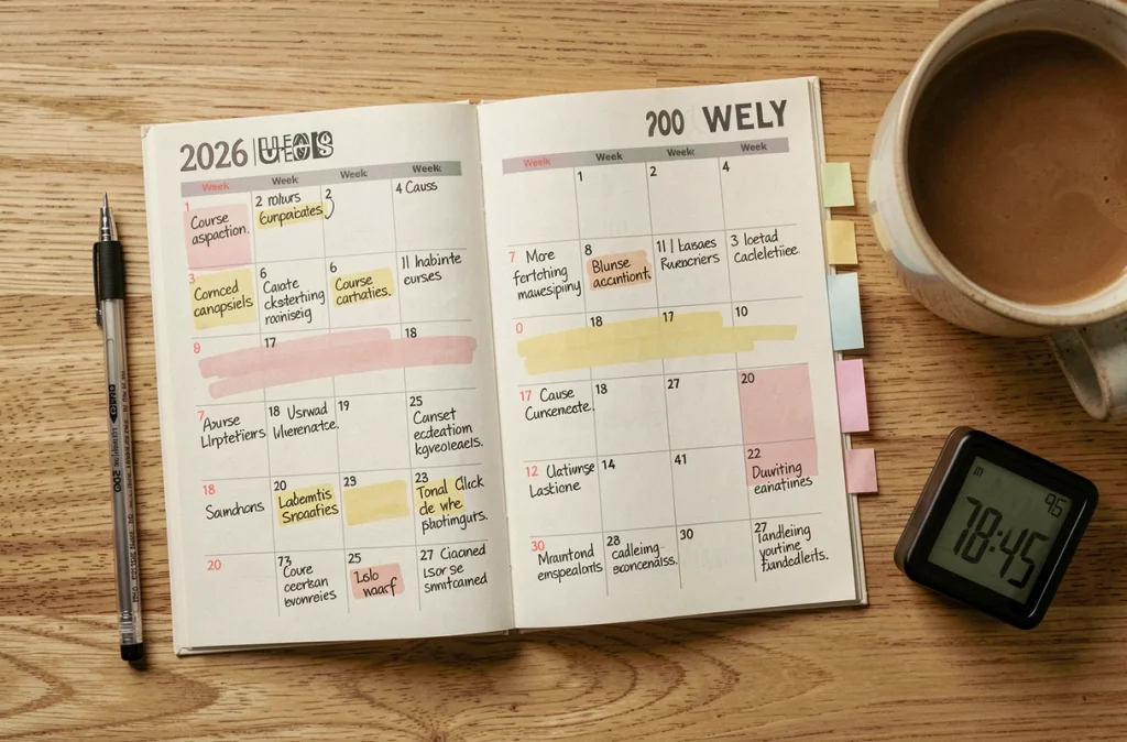 Vue de dessus d'un calendrier 2026 annoté pour organiser les cours en semaines paires et impaires