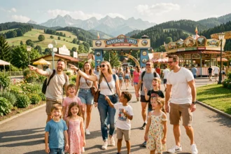 Familles profitant d'un centre de loisirs en plein air en Auvergne-Rhône-Alpes avec paysage montagneux en arrière-plan