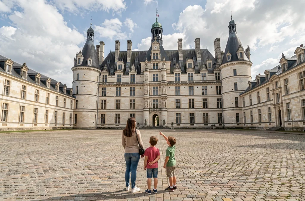 Une famille admire la façade Renaissance du Château de Chambord dans sa cour pavée