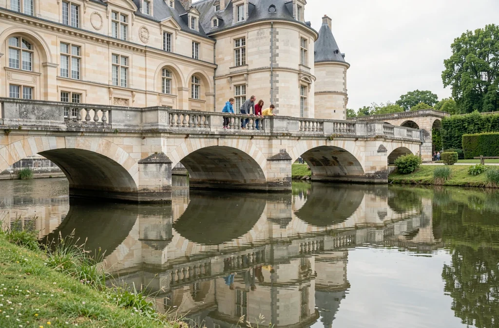 Une famille traverse la galerie-pont du Château de Chenonceau enjambant le Cher