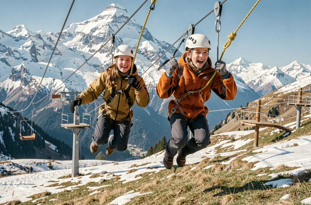 Adolescents en tyrolienne au-dessus des paysages alpins enneigés du Domaine des Planards à Chamonix