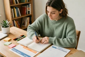 Étudiante organisant ses cours sur un agenda papier avec calendrier semaines paires et impaires 2026