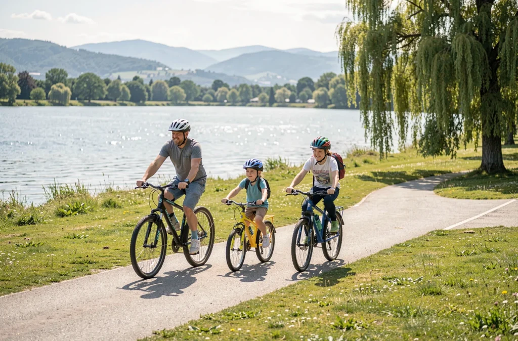 Famille à vélo sur les bords du lac dans le Grand Parc Miribel-Jonage près de Lyon