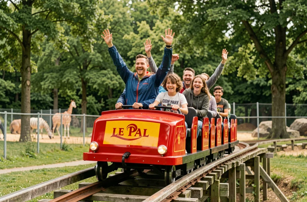 Famille en train de faire des montagnes russes en bois au parc d'attractions Le PAL en France
