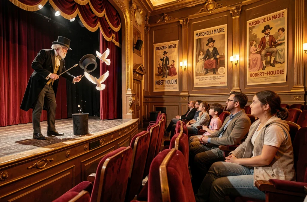 Une famille assiste à un spectacle de magie à la Maison de la Magie Robert-Houdin à Blois