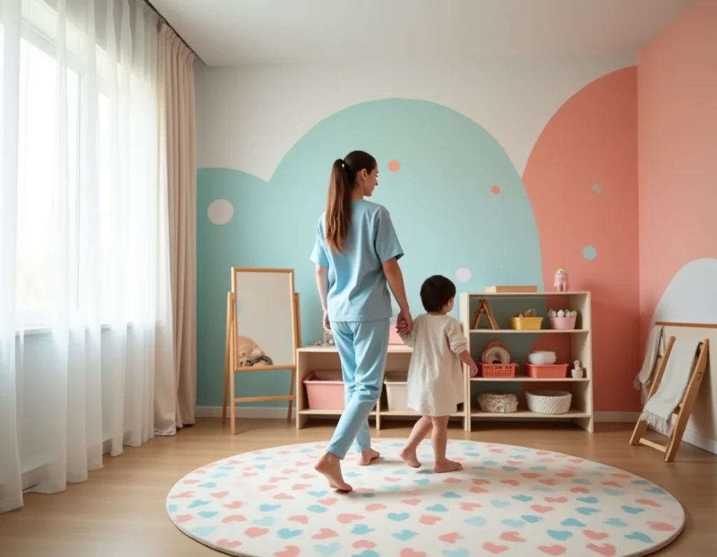 Éducatrice tenant la main d'un enfant qui fait ses premiers pas dans la micro-crèche Aux Petits Pas à Caen