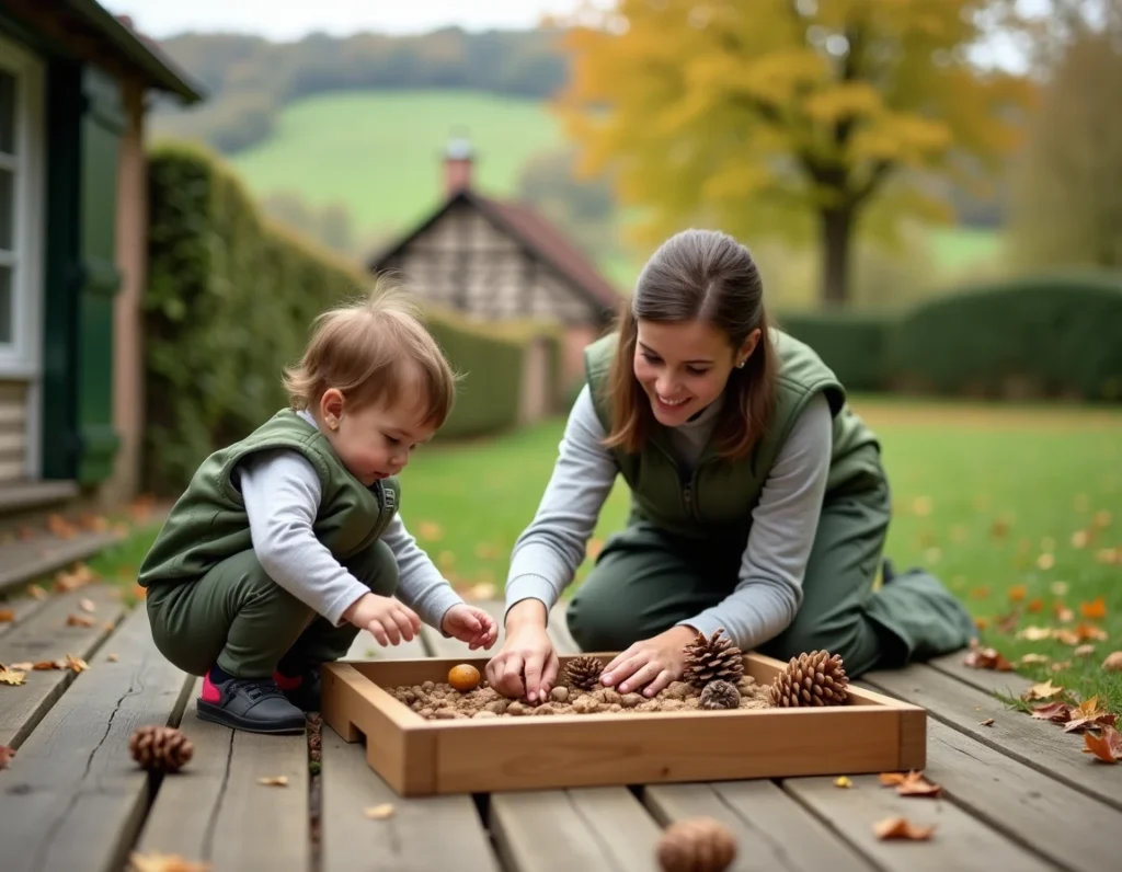 Assistante maternelle et enfant explorant la nature sur la terrasse extérieure de la micro-crèche L'Aventure à Escoville, dans le Calvados