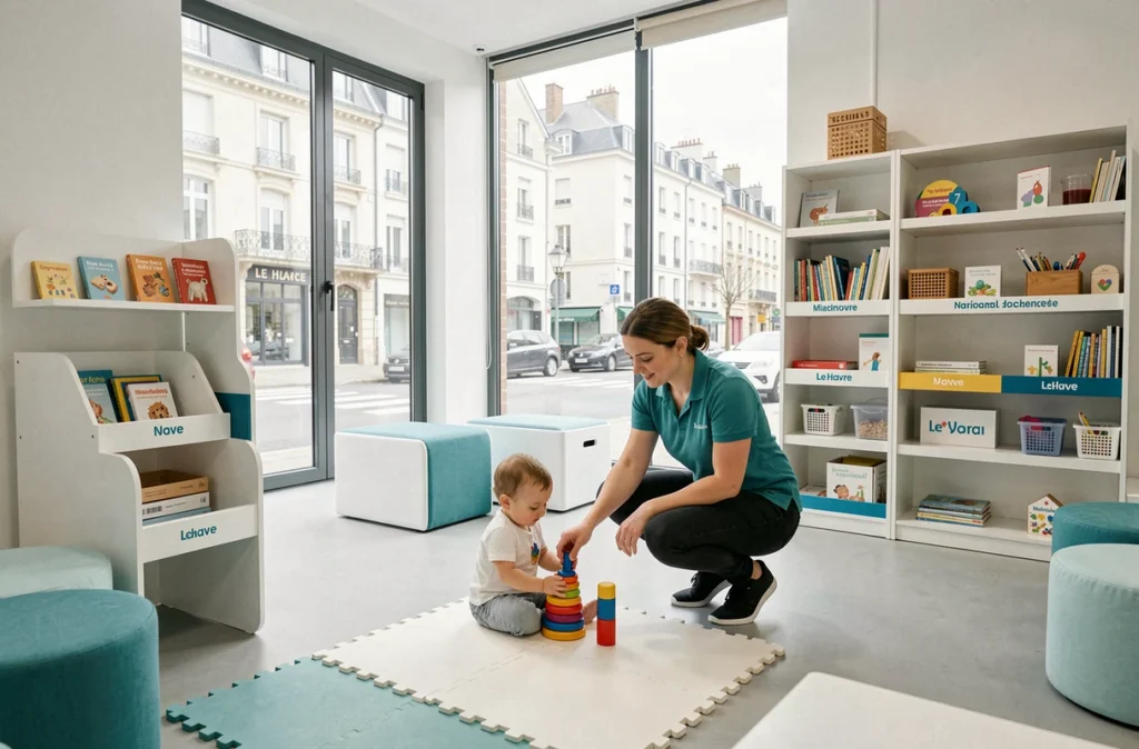 Auxiliaire de puériculture du réseau Babilou en interaction avec un enfant dans la micro-crèche Babilou Le Havre Antilles