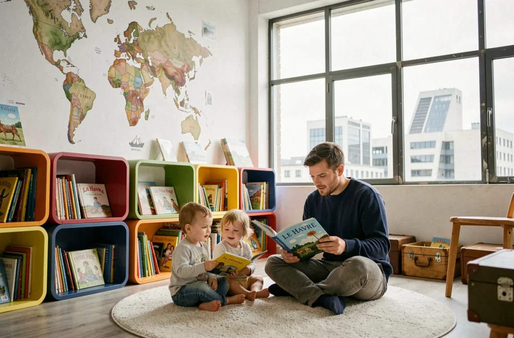Éducateur lisant une histoire à deux enfants dans la micro-crèche Les Bouilles En Vadrouille au Havre, avec la skyline de la ville en arrière-plan