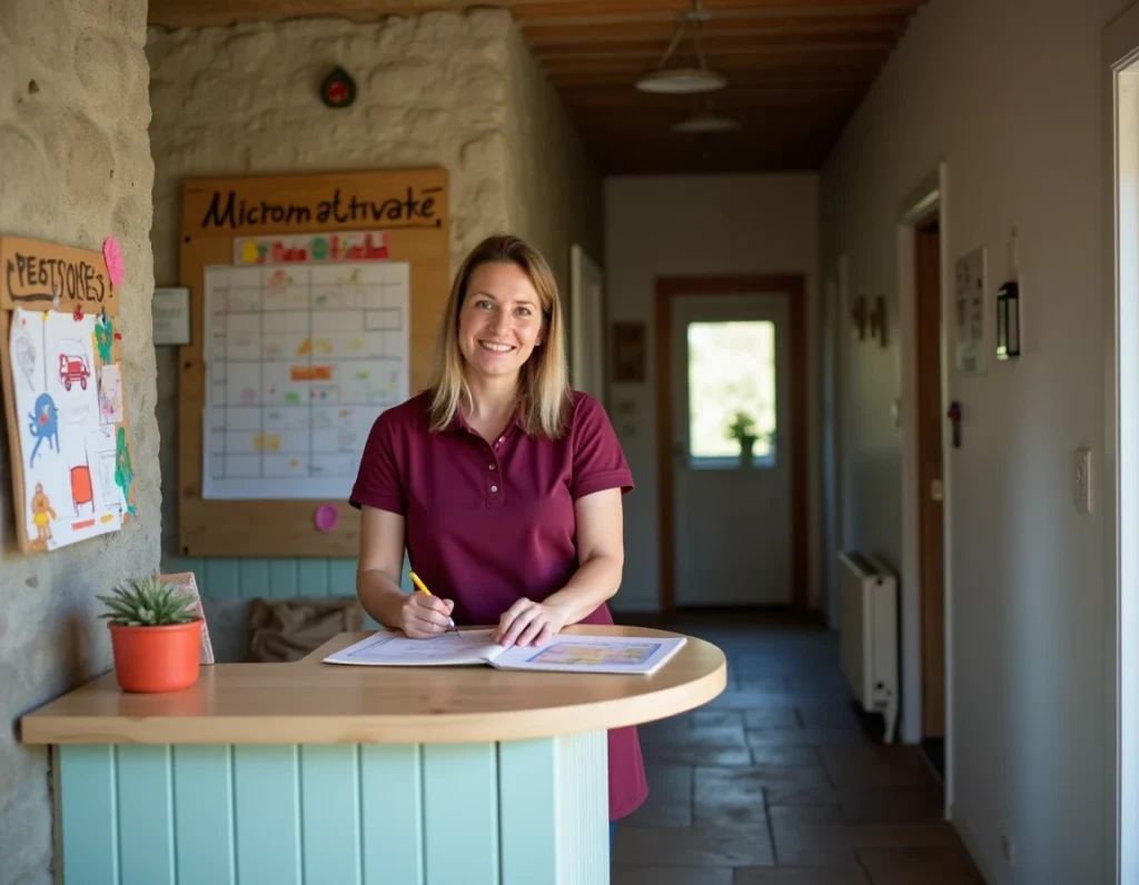 Auxiliaire de puériculture à l'accueil de la micro-crèche d'Hardinvast dans le Cotentin, avec des murs en pierre apparente