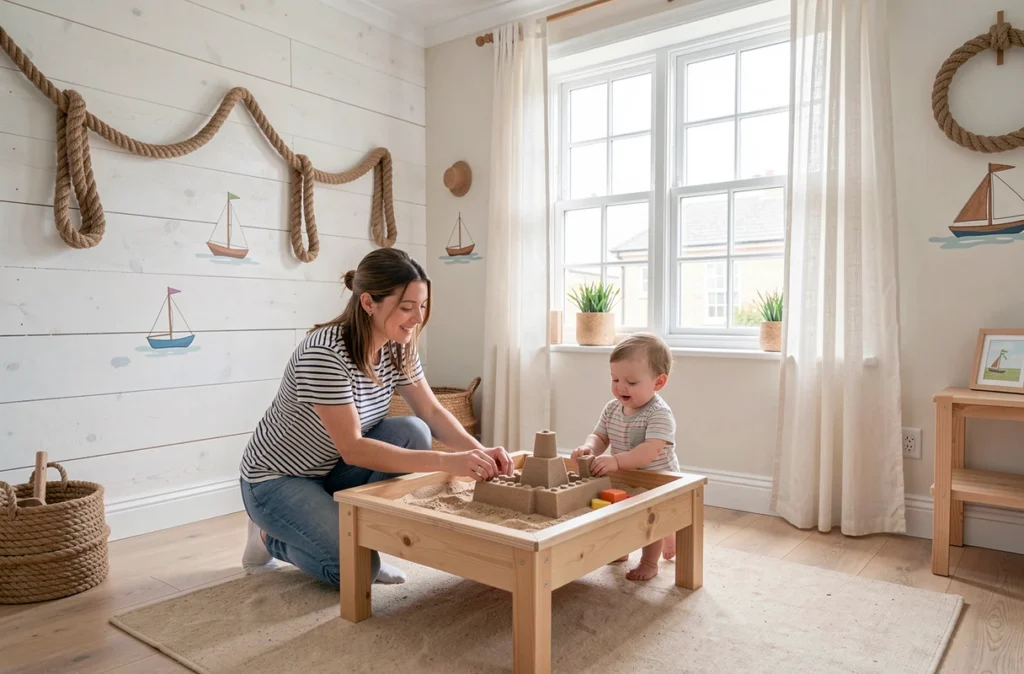 Éducatrice et enfant jouant avec un bac à sable intérieur dans la micro-crèche Les Jeunes Pousses Sandcastle à Granville