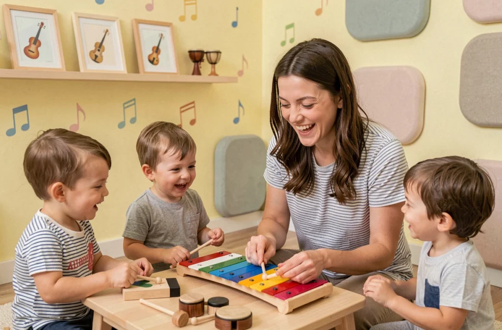 Éducatrice animant un atelier musical avec des tout-petits dans la micro-crèche La La Land Maestro à Notre-Dame-de-Bondeville