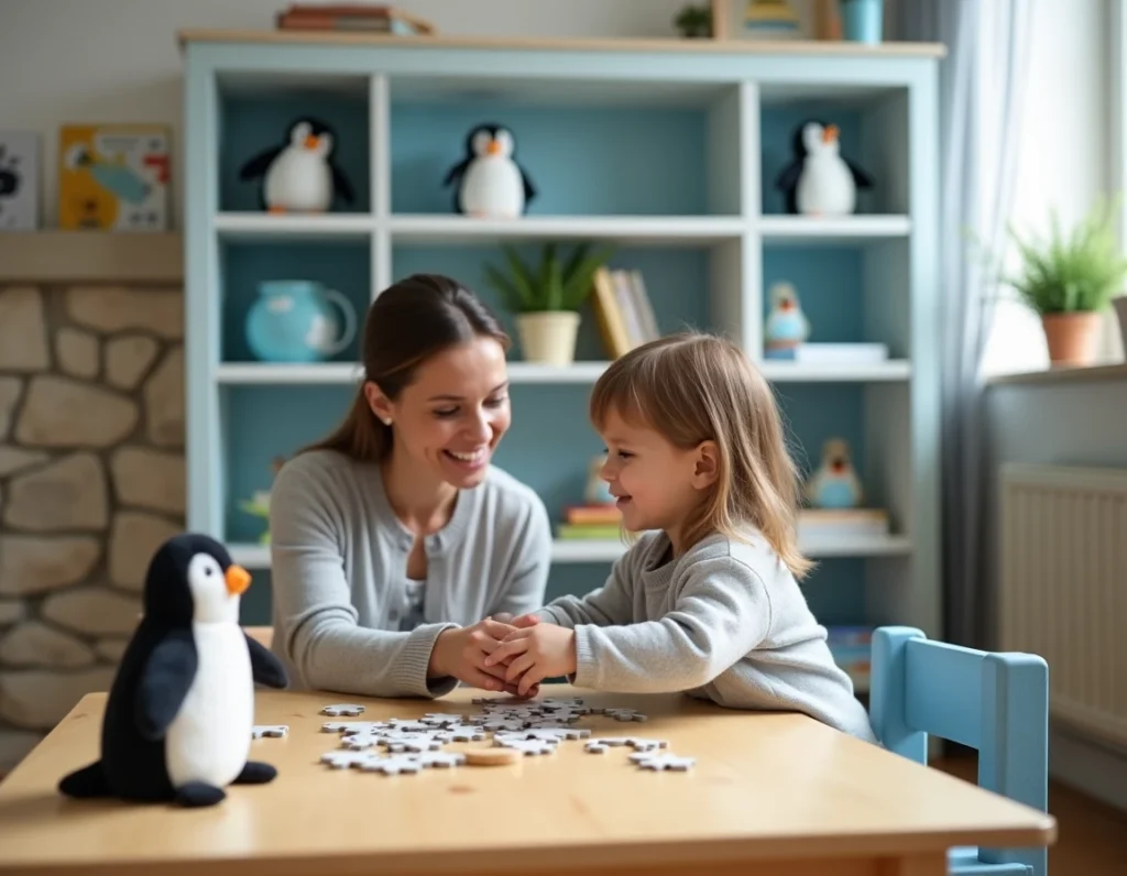 Auxiliaire de puériculture accompagnant un enfant dans un puzzle à la micro-crèche Little Manchot à Montebourg, dans la Manche
