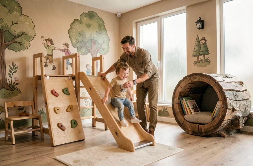 Éducateur surveillant un enfant sur un toboggan en bois dans la micro-crèche Le Nid des Explorateurs à Sannerville, dans le Calvados