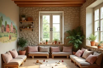 Intérieur chaleureux d'une micro-crèche en Normandie avec des jouets en bois, des coussins colorés et un jardin visible en arrière-plan