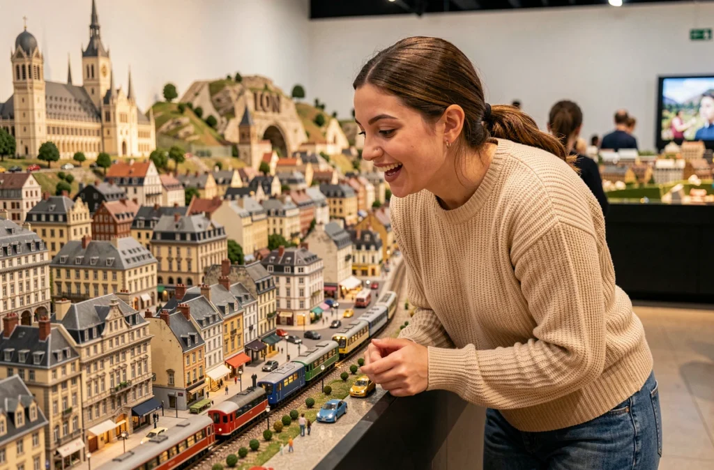 Jeune femme admirant les maquettes miniatures détaillées du parc Mini World Lyon