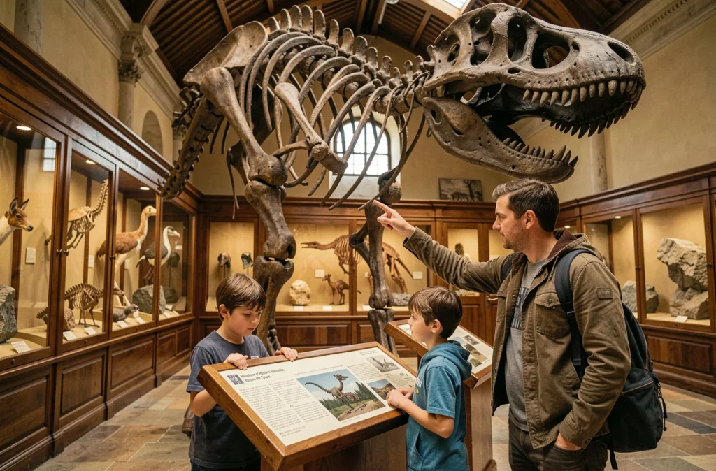 Des enfants et un parent observent un squelette de dinosaure au Muséum d'Histoire naturelle de Tours