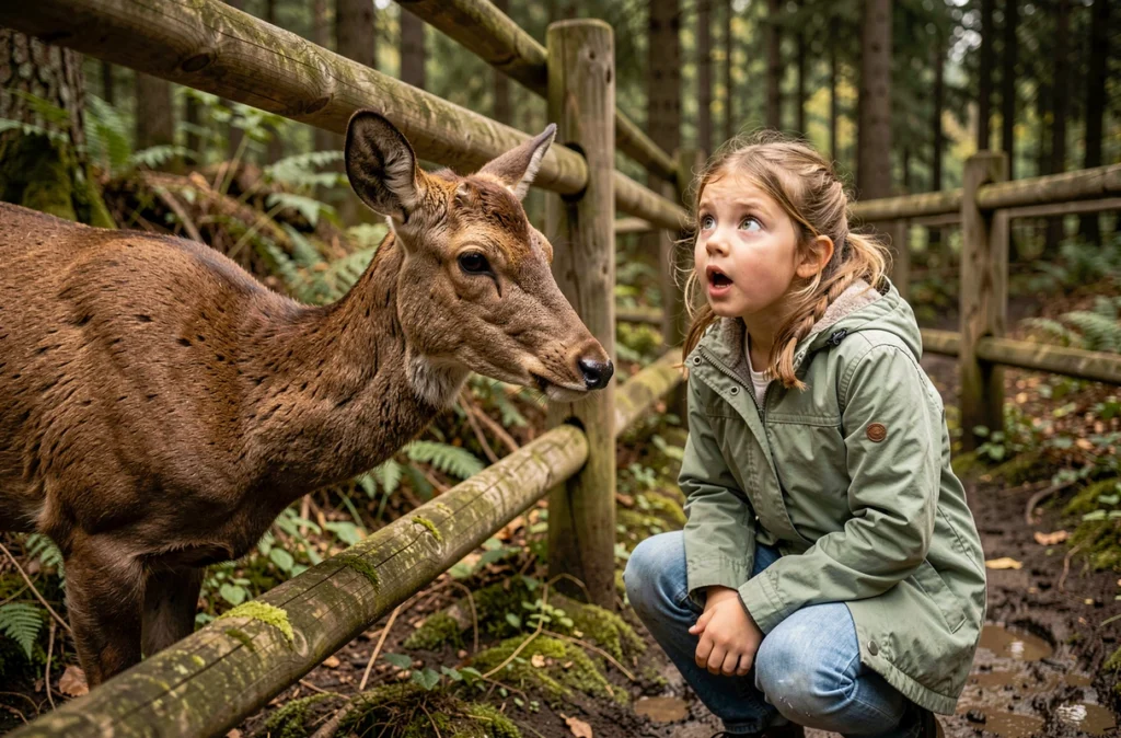 Jeune fille observant un cerf rouge de près au Parc Animalier de Sainte-Croix en Lorraine