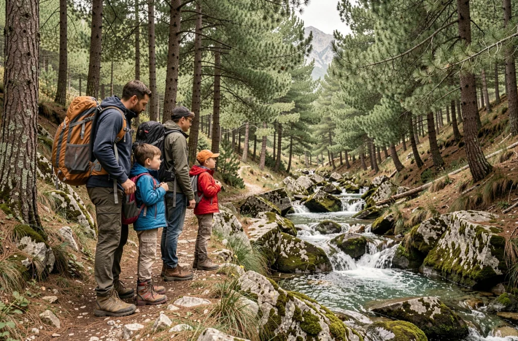 Famille en randonnée sur un sentier forestier au bord d'un ruisseau dans le Parc Fenestre