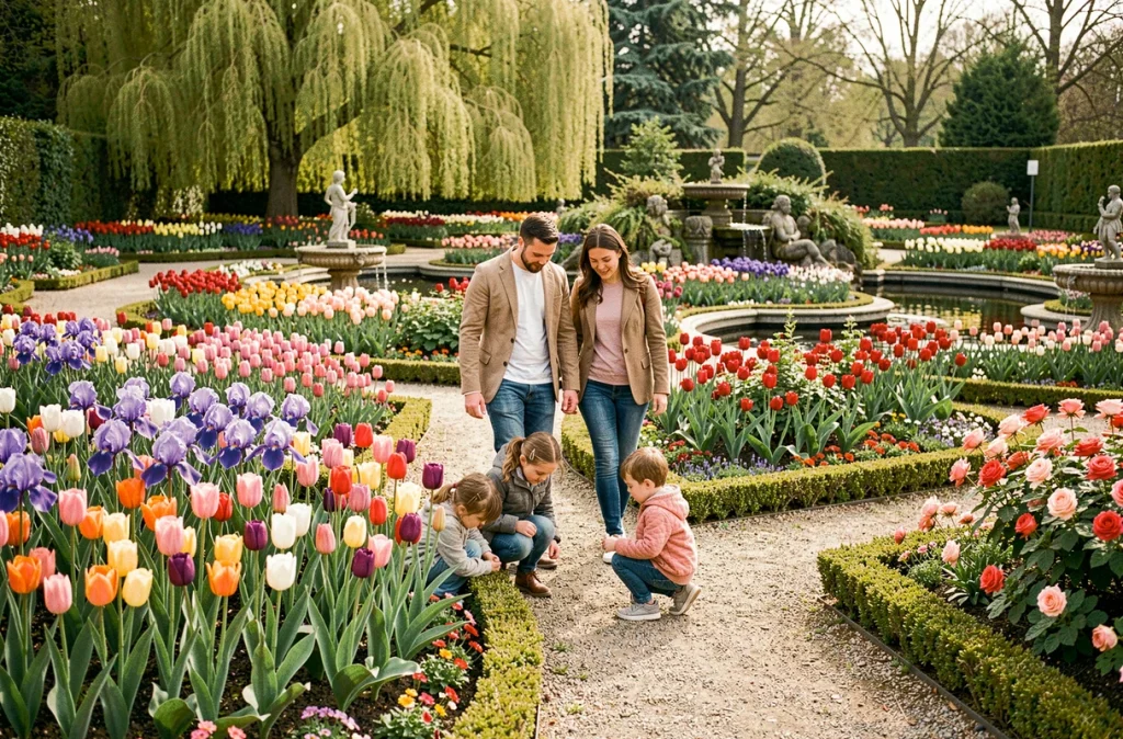 Une famille se promène parmi les massifs fleuris colorés du Parc Floral de la Source à Orléans